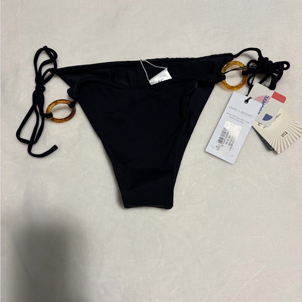 Black Tie-Side Bikini Bottom with Tortoiseshell Rings